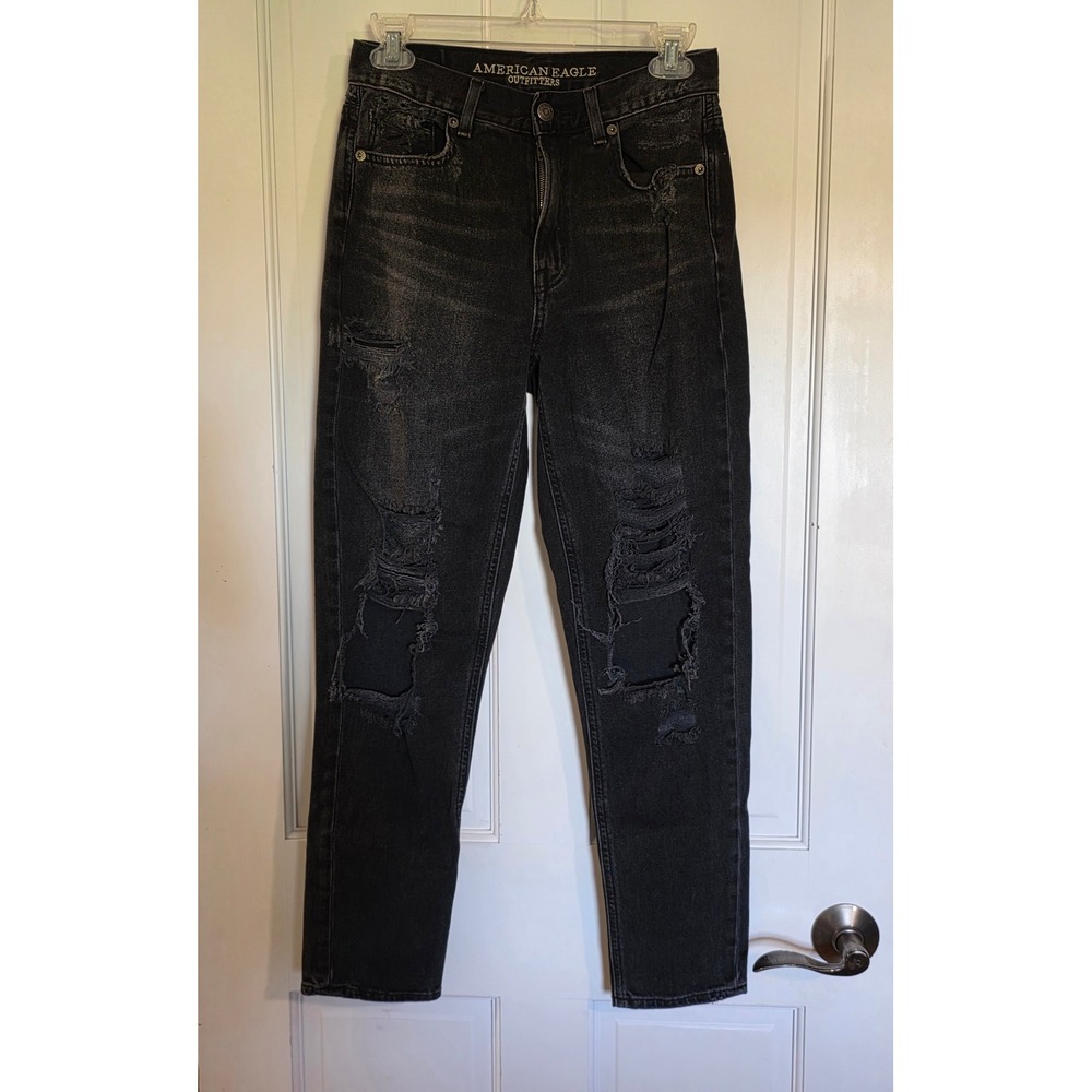 American Eagle Mom Jean Washed Black Distressed Ripped Denim Size 2 Regular